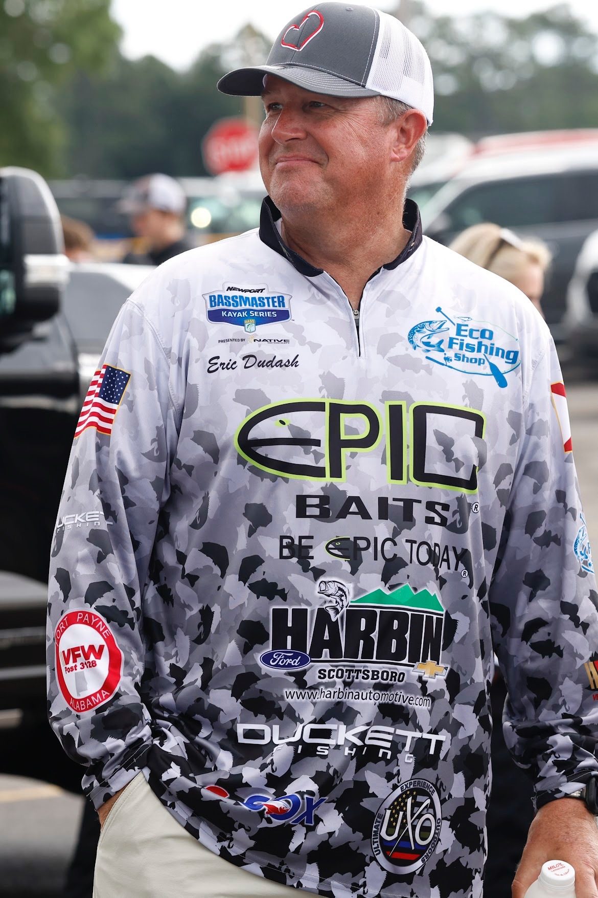 Eric Dudash at a tournament in his sponsor jersey, carrying the Bassmaster Kayak Series, Epic Baits, Duckett Fishing, Eco Fishing Shop, Harbin Ford and VFW Post 3128 marks